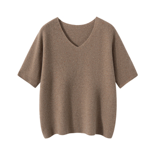 秋冬新款100%纯山羊绒衫女V领半袖宽松短款毛衣针织打底衫五分袖