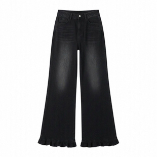 大码女装黑色弹力木耳边直筒牛仔裤女胖mm设计感小众休闲阔腿裤子