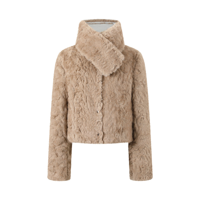 7Shiftin 原创设计秋冬款拼接卡其翻领气质通勤保暖毛绒外套上衣