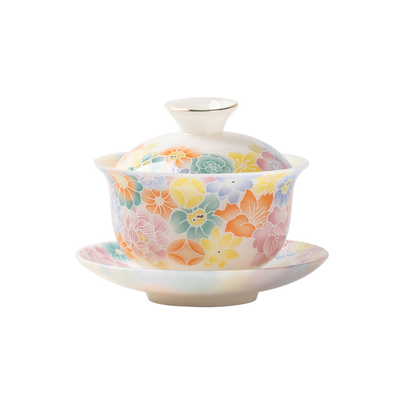 璞玉瓷彩色万花盖碗功夫茶具套装