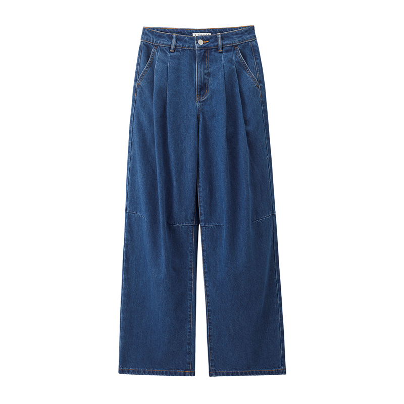 设计师款佐丹奴裤子女装新款压褶慵懒高腰水洗阔腿牛仔裤18415524