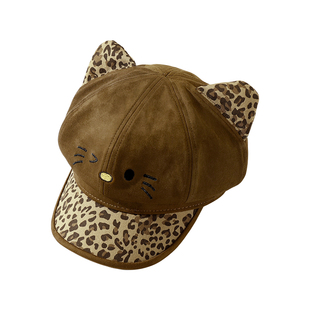可爱豹纹猫耳贝雷帽女冬季保暖复古大头围八角帽显脸小画家报童帽