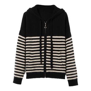 糖皮出品 雪绒花 黑色条纹撞色浣熊绒 冬季保暖连帽拉链毛衣
