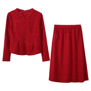 新中式套装2025秋季新款220斤胖mm大码气质显瘦红色敬酒服两件套