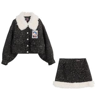 KEIO [夹棉]高级感亮片编织花呢外套秋冬翻领夹克+半身裙两件套装