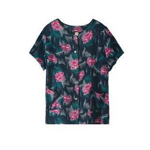 夏季中老年女款棉绸薄款圆领印花短袖开衫上衣宽松简约外穿睡衣