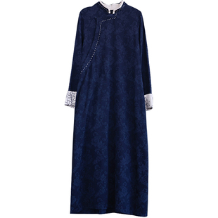 复古民国风亚麻提花刺绣连衣裙女春季改良旗袍裙立领长款宽松裙子