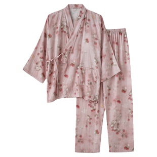 粉色草莓印花汉服睡衣女士春夏季纯棉双层纱布汗蒸和服家居服套装
