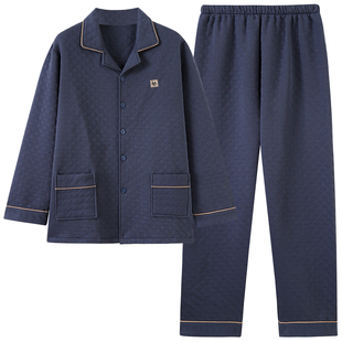 秋冬季加厚纯棉睡衣爸爸款男士全棉长袖家居服保暖薄夹棉夹层套装