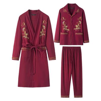 三件套睡袍男春秋季纯棉大码