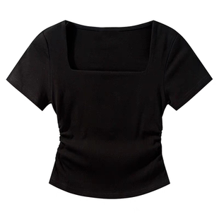 韩版正肩方领简约短袖上衣女秋修身通勤漏肚脐短款收腰褶皱T恤棉
