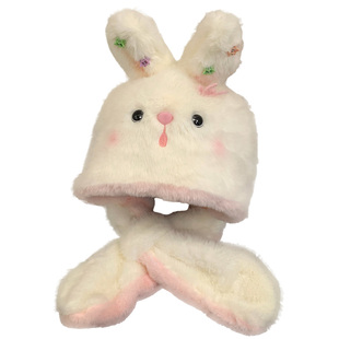 可爱小兔子毛绒帽子围巾一体女冬季加绒加厚保暖防寒护耳雷锋帽子