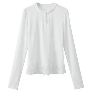 夕蒙2026新款春季韩系气质独特绝美上衣蕾丝拼接白色套头长袖t恤