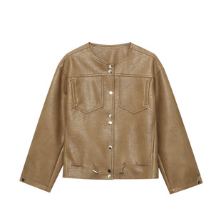 摩登都市机车风腔调感下摆抽绳PU皮夹克皮衣外套