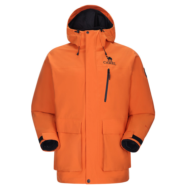 骆驼橙色冲锋衣三合一男女同款可拆卸加绒加厚冬季旅游滑雪服外套