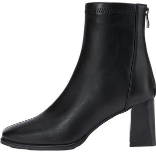 达芙妮高跟短靴女2025秋冬黑色真皮马丁靴子女法式粗跟瘦瘦靴子女