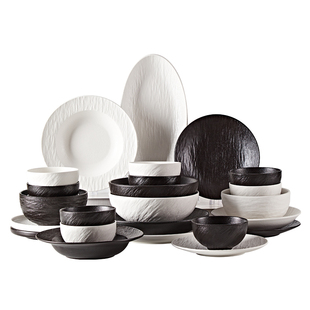 黑白石纹碗家用2025新款餐具套装轻奢碗碟套装餐具高级感小众陶瓷