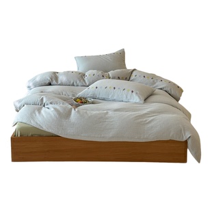 法式全棉双层皱皱纱床单四件套海平线飞鸟纯棉被套柔软简约风床品