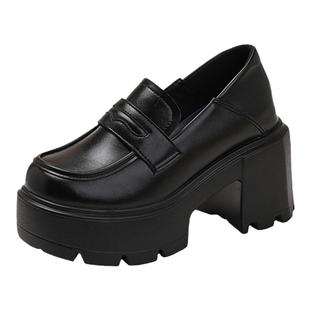 真皮内增高粗跟高跟乐福鞋女新款矮子乐增高小皮鞋超厚底女鞋12cm