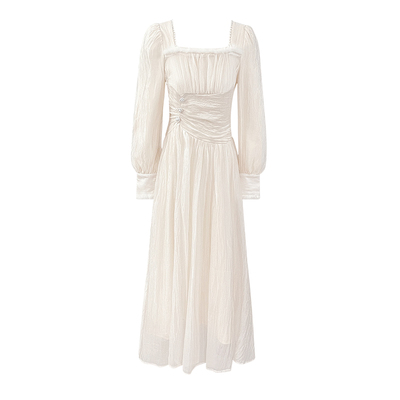 法式A字裙纯色珍珠方领加绒