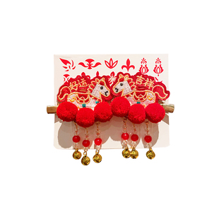 儿童新年红色流苏发夹汉服头饰女童马年喜庆刺绣对夹宝宝拜年头饰