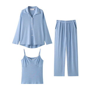曼系“少女蓝白条纹”长袖睡衣春秋季航海系宽松慵懒三件套家居服