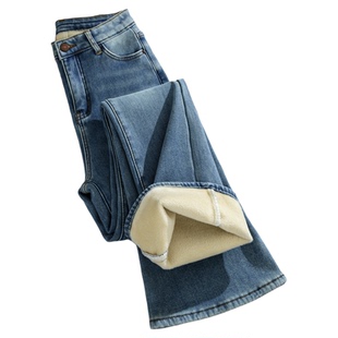 微喇牛仔裤女加绒高腰修身显瘦2025冬季新款加厚弹力马蹄喇叭裤子