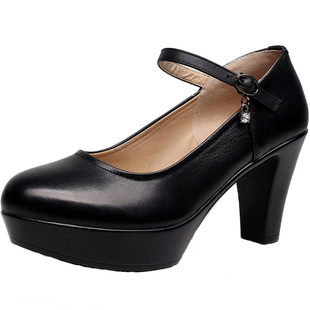 祥霞真皮8CM高跟鞋圆头粗跟防水台一字扣走秀模特鞋厚底广场舞鞋