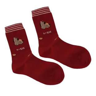 森日和叶2026马年本命年红色袜子女秋冬可爱卡通新年红中筒袜子女