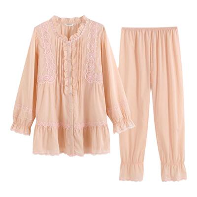 圆领木耳边长袖睡衣纯棉罗丝美女