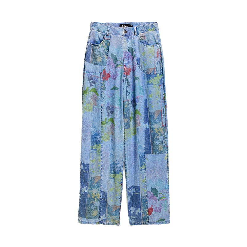 Desigual26秋冬新品水洗拼贴花卉宽松阔腿印花女式牛仔裤