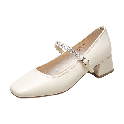 YRC法式小高跟玛丽珍鞋女2025秋新款粗跟白色小香风中跟方头单鞋