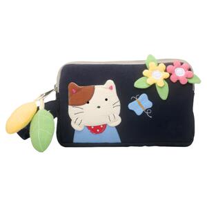 日本设计Kine猫新款纯棉可爱立体花朵猫三层拉链时尚大屏手机女包