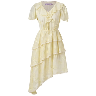 【奥莱】MAXRIENY连衣裙奶油色长裙收腰不对称裙摆仙美茶歇裙