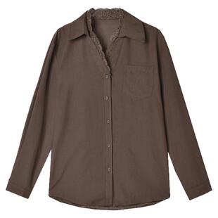 2025年秋装Outlets专柜 AM系列蕾丝拼接翻领上衣单排扣长袖衬衫女