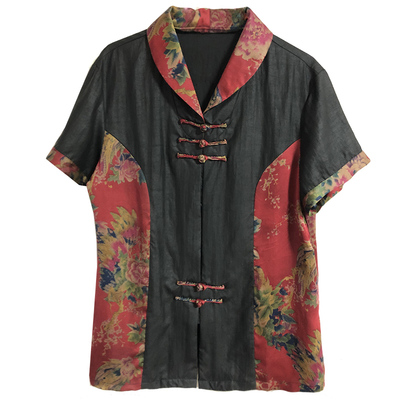 中式大码修身香云纱拼接开衫唐装