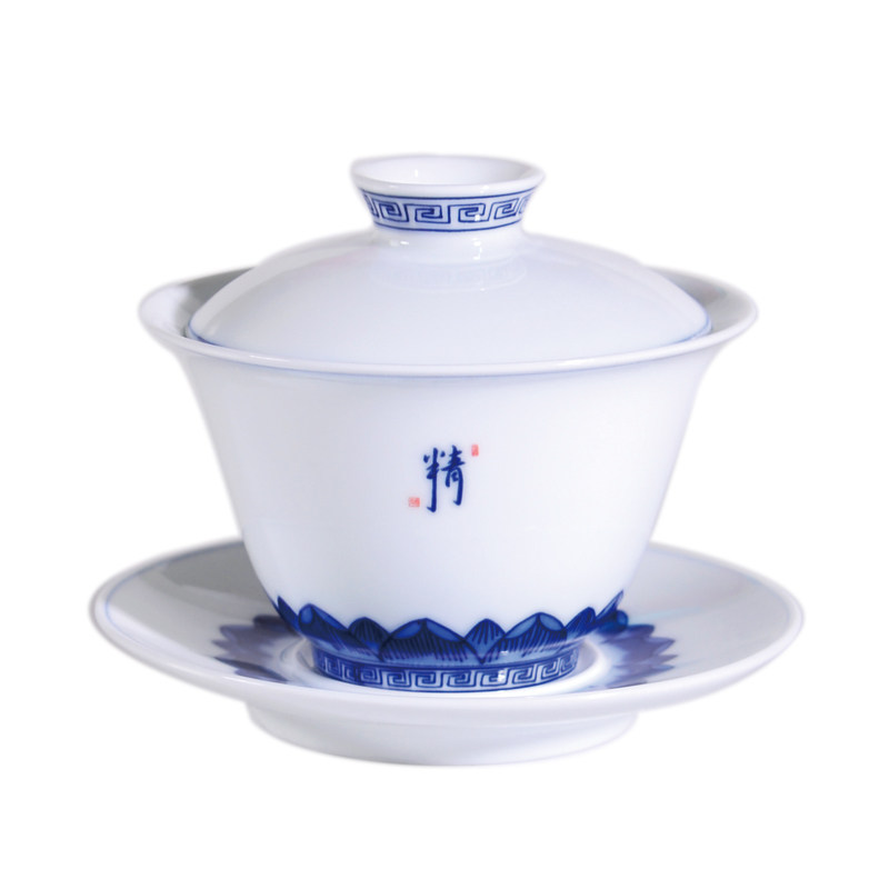 景德镇青花瓷盖碗茶杯大号茶碗泡茶专用甜白釉三才泡茶盖碗三件套