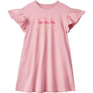 千趣会童装夏季女童裙子火烈鸟印花透气棉甜美荷叶袖连衣裙