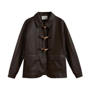 紫涵复古落肩袖皮衣女仿皮上衣秋季新款通勤文艺港风牛角扣外套