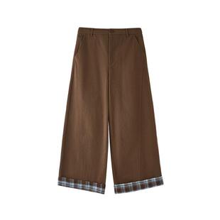 三福休闲裤2025新款冬季复古格子拼接裤脚宽松阔腿裤子女装509098