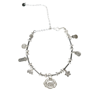 通体925纯银新中式国风七宝福运护身符复古平安锁手链红玛瑙礼物