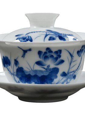 青花瓷大号茶备手抓盖碗