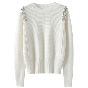 气质光下微闪~手工缝钻加厚100%纯山羊绒衫女圆领毛衣针织衫秋冬