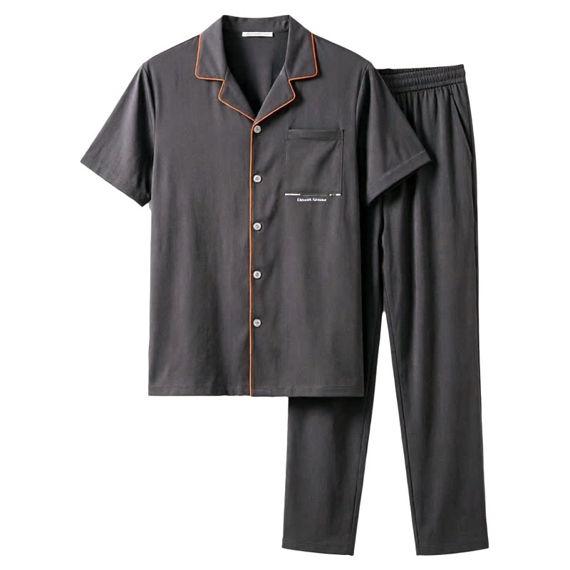 绮瑞夏季男士家居服纯棉开衫翻领短袖长裤莱卡棉睡衣时尚大码套装