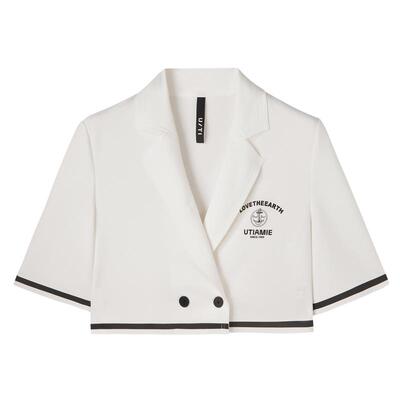 U/TI白色截短式航海西装女装撞色学院风短袖外套尤缇2025夏季新款