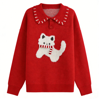 大码女装喜庆娃娃领套头毛衣2026秋冬年货宽松甜美慵懒针织衫 869