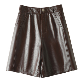 春秋新款头层牛皮皮裤女高腰阔腿短裤五分裤宽松中裤女显瘦百搭潮
