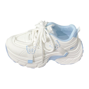 回力女鞋浅蓝蝴蝶皮面老爹鞋女2026新款秋季爆款透气厚底运动鞋女