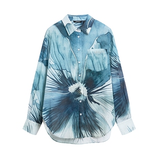 Desigual26春夏新品湖蓝色水墨花卉印花女式衬衫