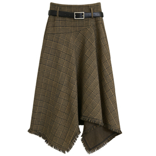 格纹流苏毛呢半身裙女秋冬季加厚a字大摆伞裙复古不规则格子长裙